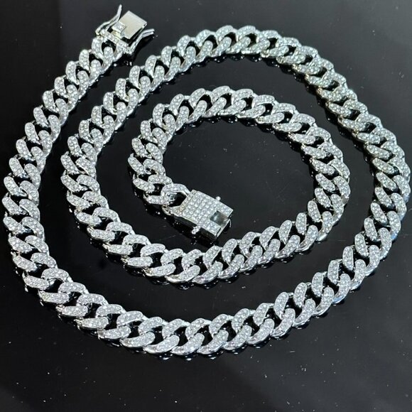 Cuban Link Miami Bling Glittery Silver Unisex necklace Men Women NWT 28" - Picture 3 of 7